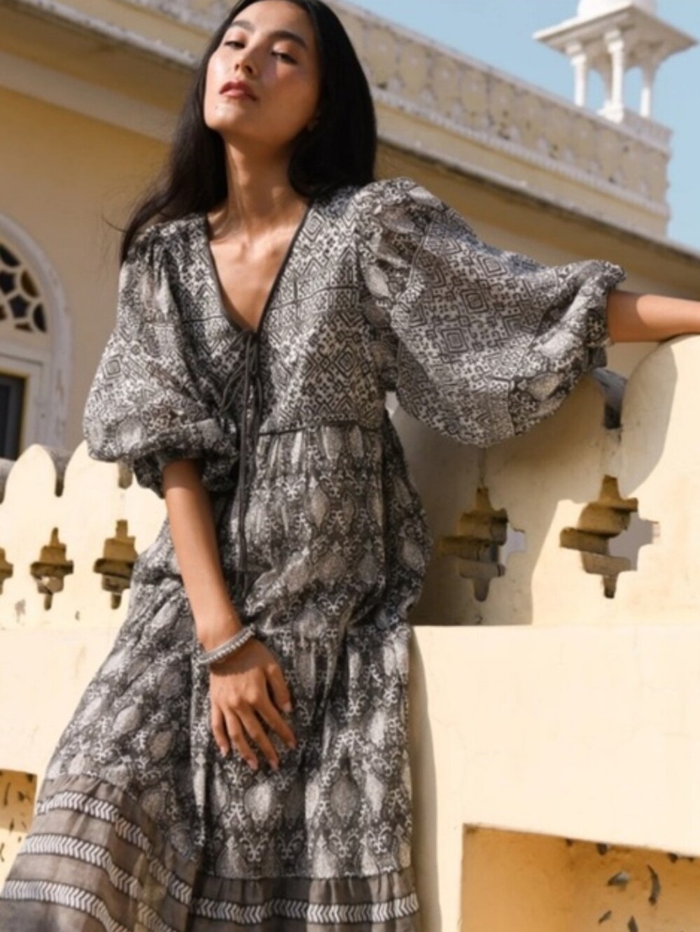Daughters Of India Boho Tiered V-Neck Midi Dress in Olive and White
